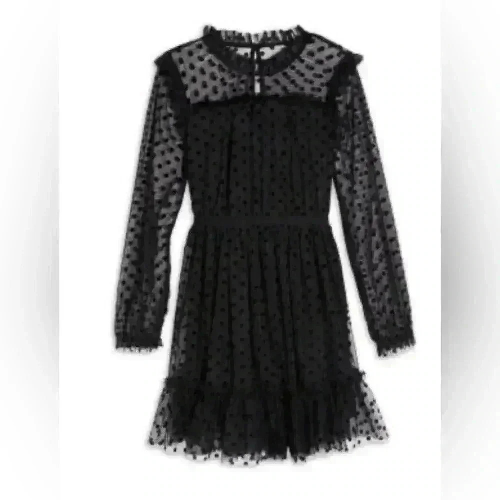 BCBG Girls Black Polka Dot Tulle Dress Ruffled Hem Sheer Long Sleeve Kids 6X